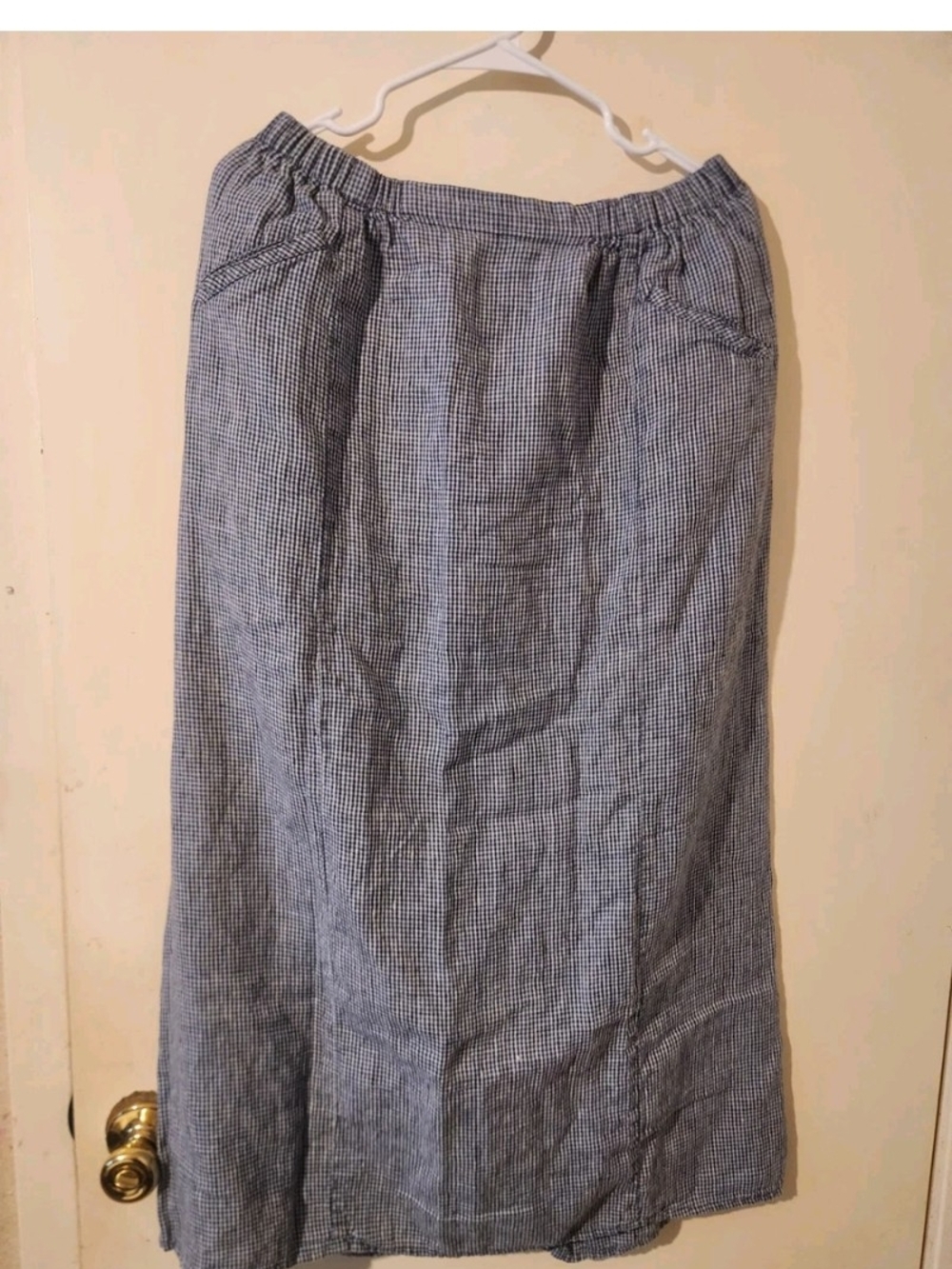 Flax Blue/White Gingham Maxi Linen Skirt - Women's Elastic Waist Sz Large